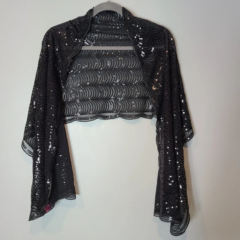 BETSEY JOHNSON Shawl Scarf Wrap Scallop Edge Black Sheer Sparkly Sequins Hoco